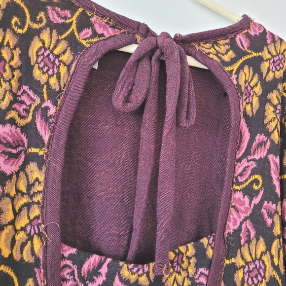 FREE PEOPLE Floral Purple & Yellow Open Back Boat Neck Puff Sleeve Cotton Top - Picture 10 of 15